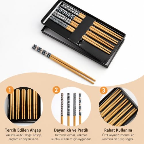Valkyrie 5 Çift Doğal Ahşap Yemek Çubuğu Seti Japon Desenli Kaymaz Uçlu Kutulu 22,5cm Chopstick Seti