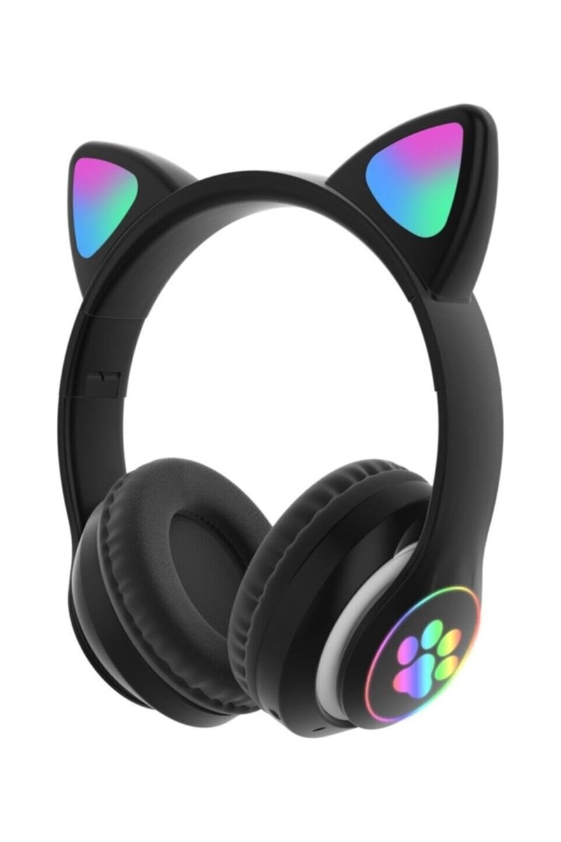 Bilişim Burada STN28 Bluetooth Işıklı Kedi Tasarımlı Katlanabilir Çocuk Kulaklık, Siyah Bburadastn28kedikulaklık