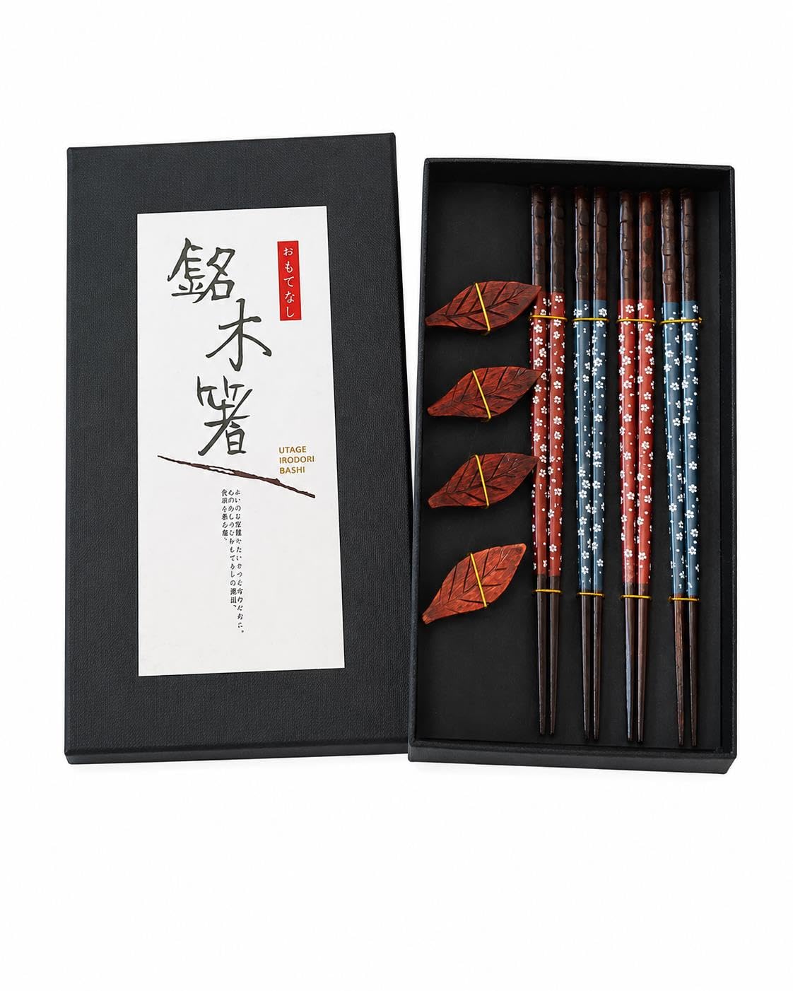 Valkyrie 4 Çift Doğal Ahşap Yemek Çubuğu Seti 8 Adet Japon Chopstick 4 Yaprak Ahşap Tutacak, Kutulu 22,5cm