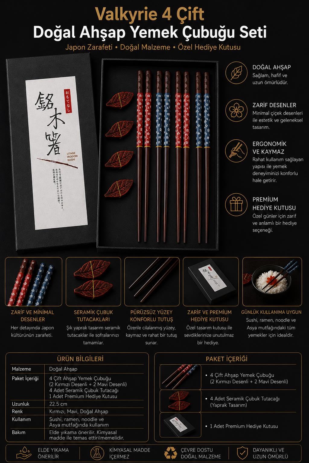 Valkyrie 4 Çift Doğal Ahşap Yemek Çubuğu Seti 8 Adet Japon Chopstick 4 Yaprak Ahşap Tutacak, Kutulu 22,5cm