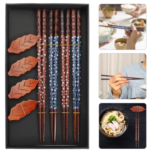 Valkyrie 4 Çift Doğal Ahşap Yemek Çubuğu Seti 8 Adet Japon Chopstick 4 Yaprak Ahşap Tutacak, Kutulu 22,5cm