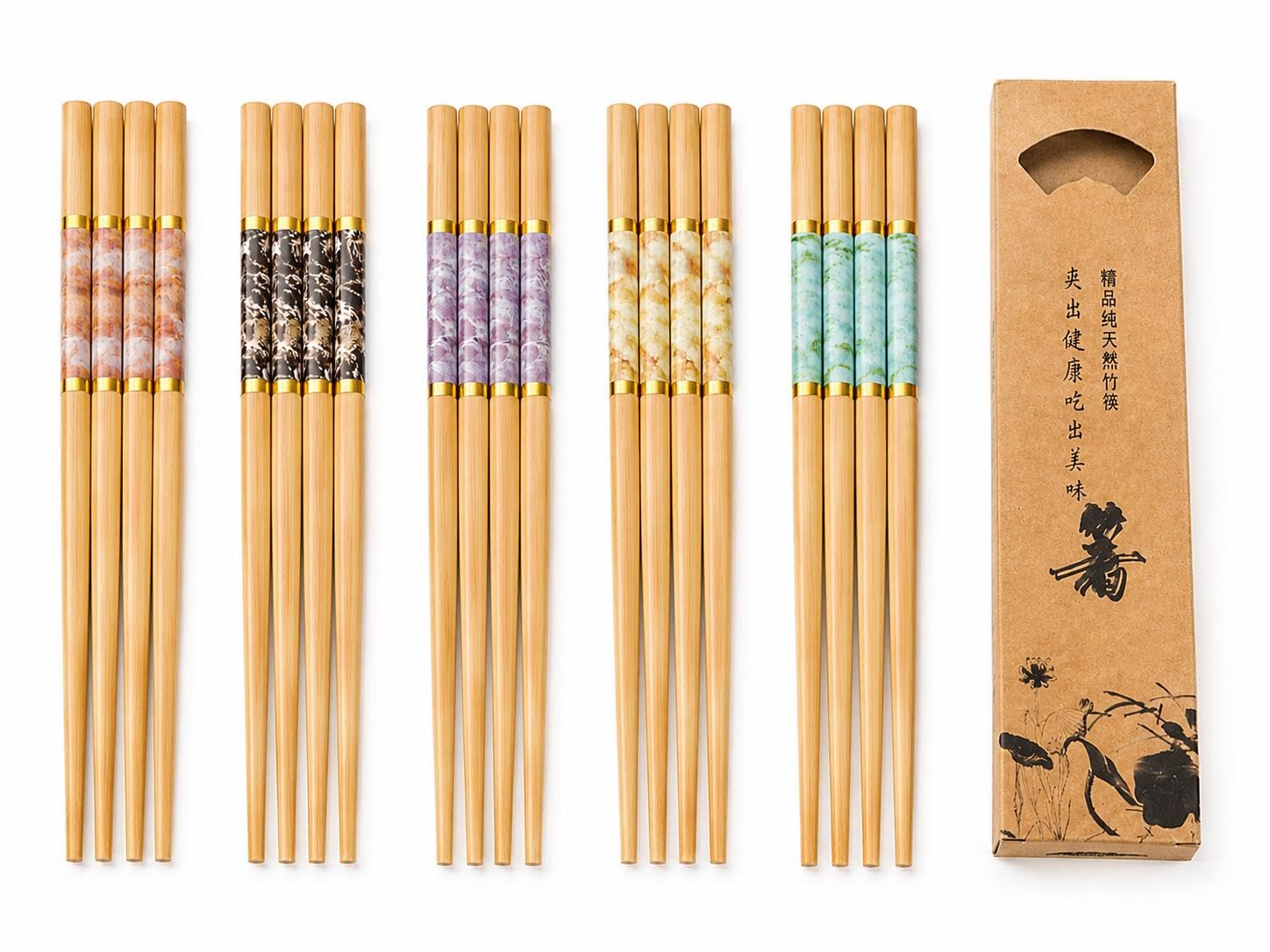Valkyrie 10 Çift Mermer Desenli Bambu Yemek Çubuğu Seti 20 Adet Kaymaz Uçlu Kutulu Chopstick