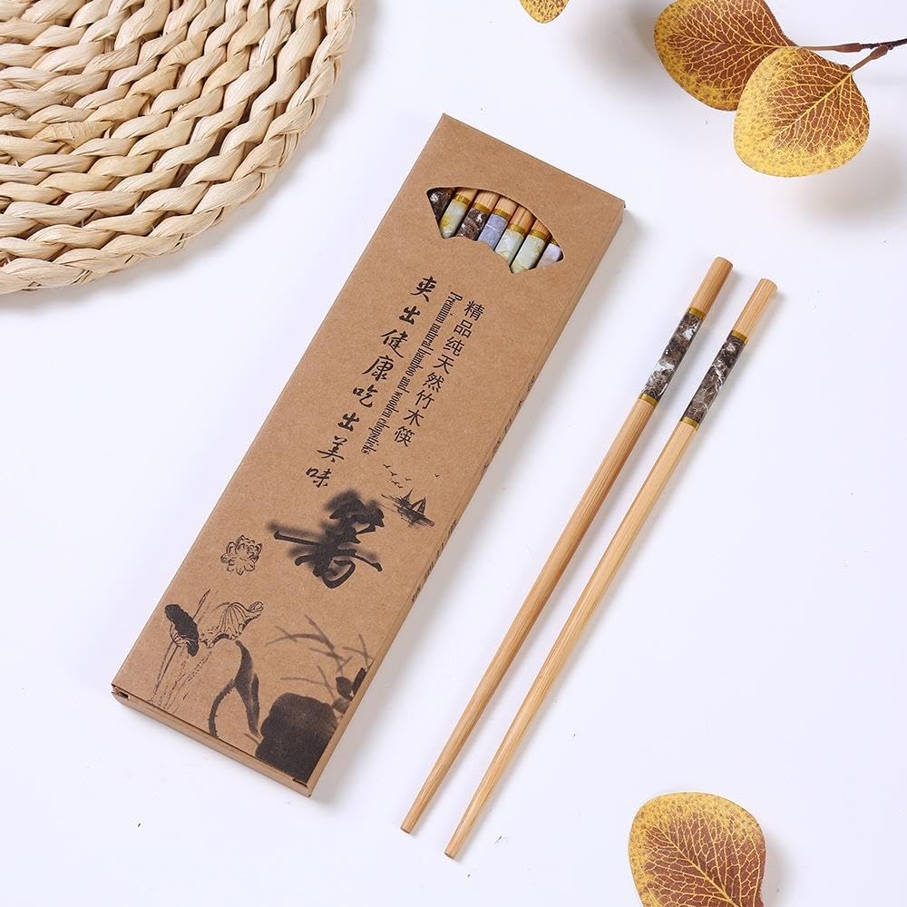 Valkyrie 10 Çift Mermer Desenli Bambu Yemek Çubuğu Seti 20 Adet Kaymaz Uçlu Kutulu Chopstick
