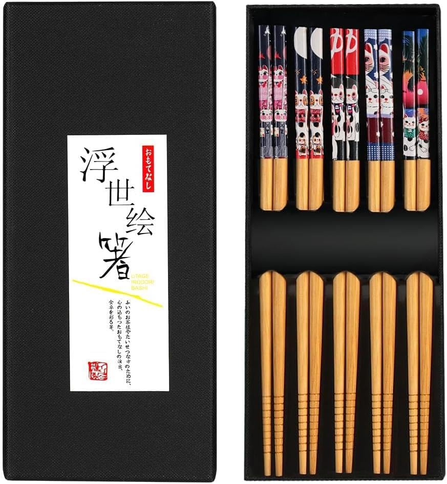 Valkyrie 5 Çift Japon Tarzı Ahşap Yemek Çubuğu Seti Kaymaz Uçlu Kedi Desenli Kutulu Chopstik Seti