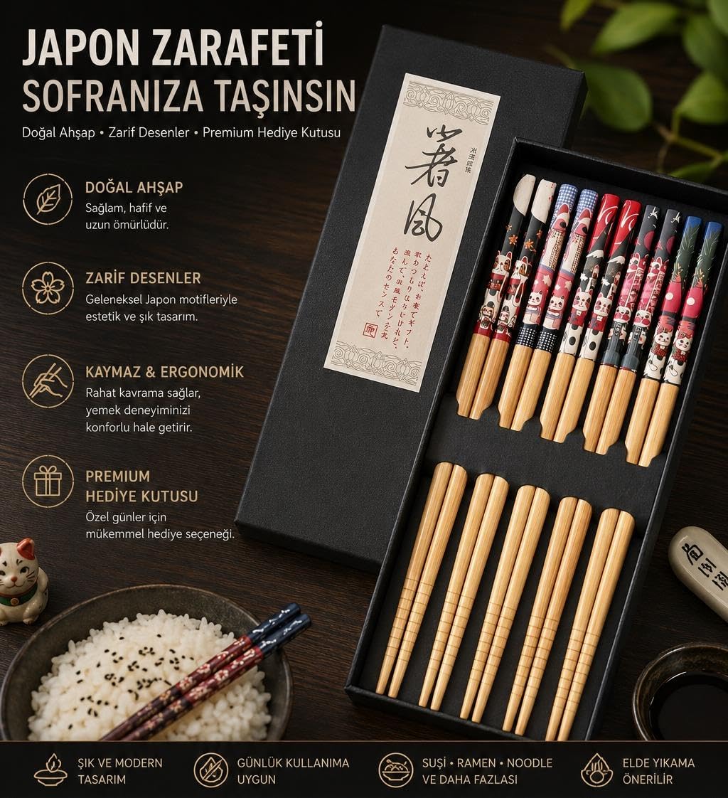 Valkyrie 5 Çift Japon Tarzı Ahşap Yemek Çubuğu Seti Kaymaz Uçlu Kedi Desenli Kutulu Chopstik Seti