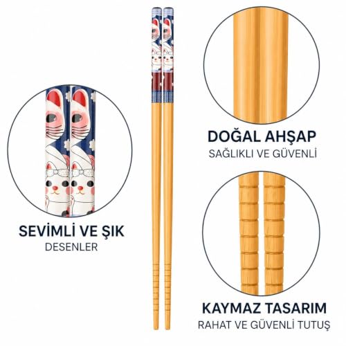 Valkyrie 5 Çift Japon Tarzı Ahşap Yemek Çubuğu Seti Kaymaz Uçlu Kedi Desenli Kutulu Chopstik Seti