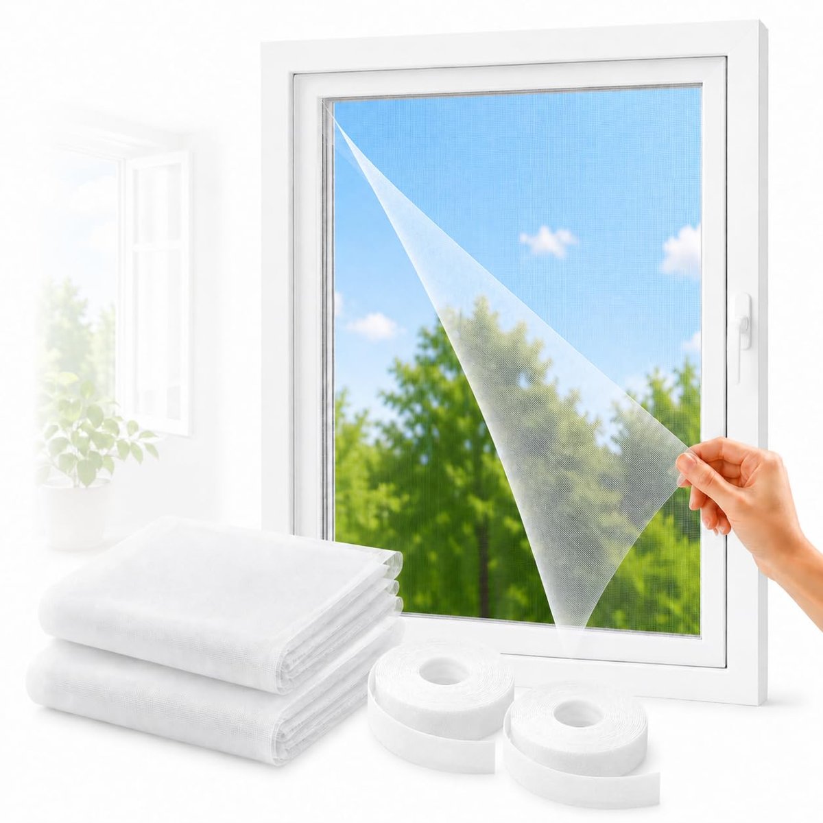 SOGUD Kayra 2’li Set Pencere Sinekliği 130x150 cm - Yapışkanlı Cırtlı Sineklik Tülü - Yıkanabilir Tekrar Kullanılabilir Kesilebilir Sinek Perdesi - Geniş Pencere İçin