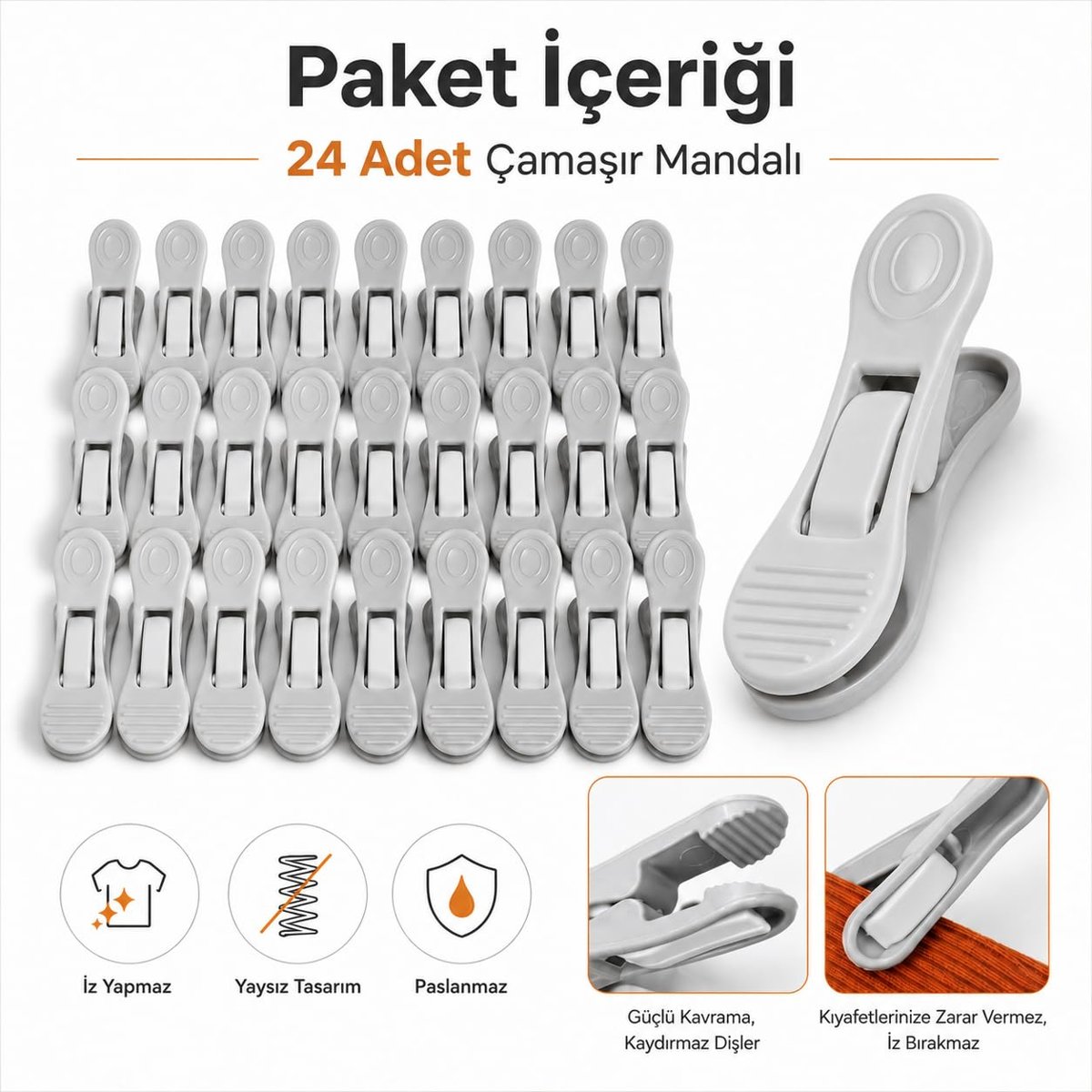 SOGUD Çamaşır Mandalı 24 Adet - İz Yapmaz Kırılmaz Plastik Mandal Seti - Yaysız Paslanmaz Tasarım - Güçlü Tutuşlu Kaydırmaz Dişli Çamaşır Klipsi - Beyaz ve Gri Renkli