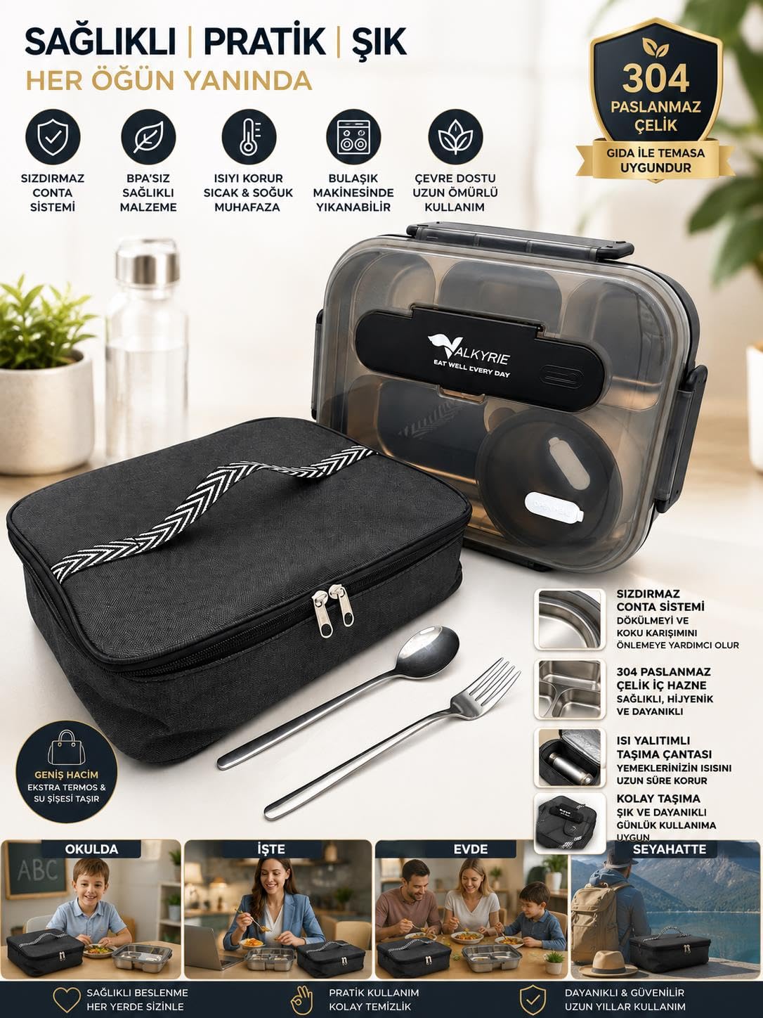 Valkyrie 304 Paslanmaz Çelik Lunch Box 2400 ML Termal Taşıma Çantalı 5 Bölmeli Sızdırmaz Yemek Kabı Çatal Kaşık Dahil Siyah