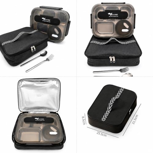 Valkyrie 304 Paslanmaz Çelik Lunch Box 2400 ML Termal Taşıma Çantalı 5 Bölmeli Sızdırmaz Yemek Kabı Çatal Kaşık Dahil Siyah