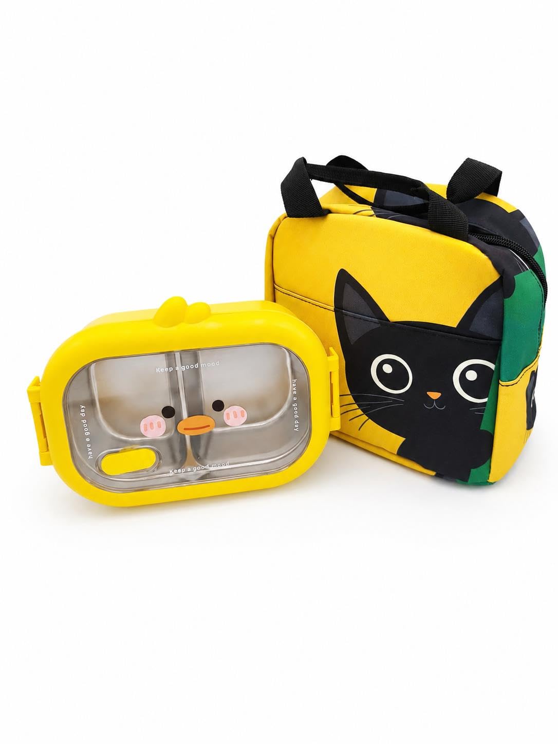 Valkyrie 304 Paslanmaz Çelik Çocuk Beslenme Kabı Kedili Termal Çantalı 2 Bölmeli Lunch Box Yemek Kabı