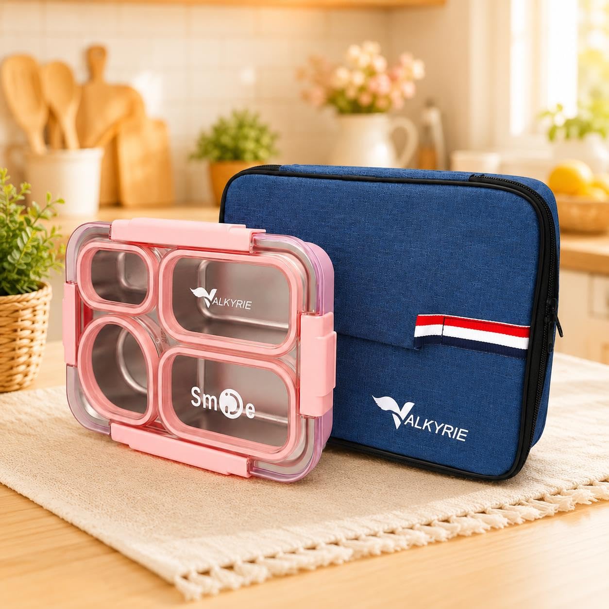Valkyrie 304 Paslanmaz Çelik 4 Bölmeli Pembe Lunch Box Termal Çantalı – Sızdırmaz Beslenme Kabı, Çatal Kaşık Dahil