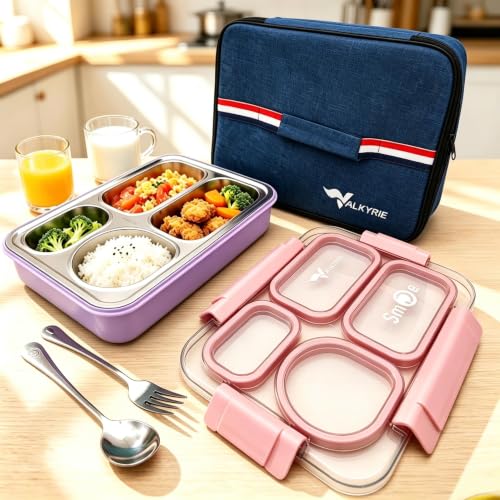 Valkyrie 304 Paslanmaz Çelik 4 Bölmeli Pembe Lunch Box Termal Çantalı – Sızdırmaz Beslenme Kabı, Çatal Kaşık Dahil