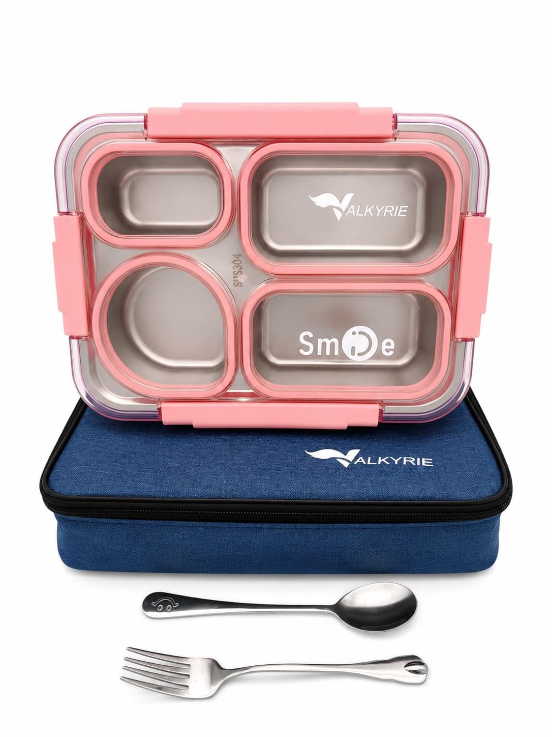 Valkyrie 304 Paslanmaz Çelik 4 Bölmeli Pembe Lunch Box Termal Çantalı – Sızdırmaz Beslenme Kabı, Çatal Kaşık Dahil
