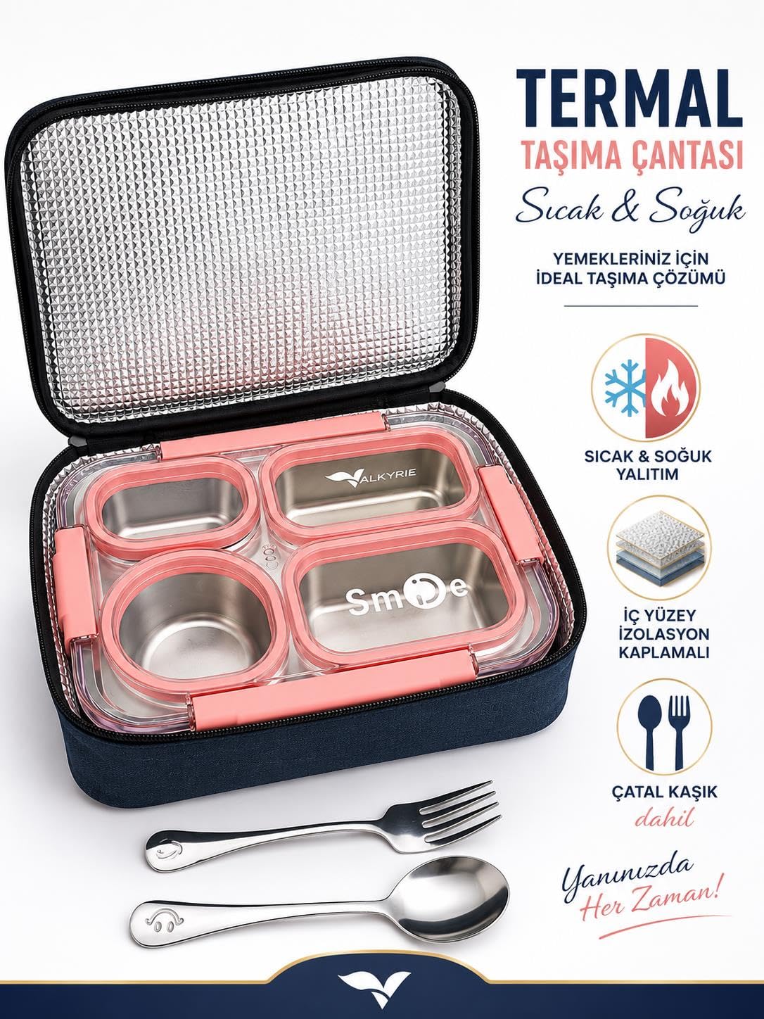 Valkyrie 304 Paslanmaz Çelik 4 Bölmeli Pembe Lunch Box Termal Çantalı – Sızdırmaz Beslenme Kabı, Çatal Kaşık Dahil