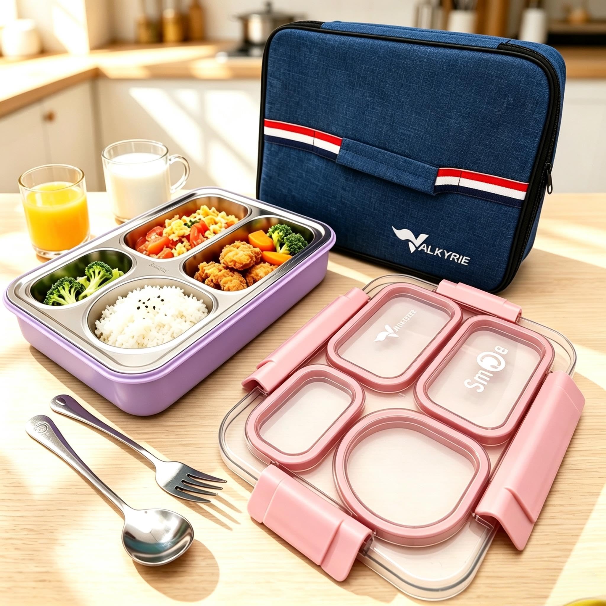 Valkyrie 304 Paslanmaz Çelik 4 Bölmeli Pembe Lunch Box Termal Çantalı – Sızdırmaz Beslenme Kabı, Çatal Kaşık Dahil