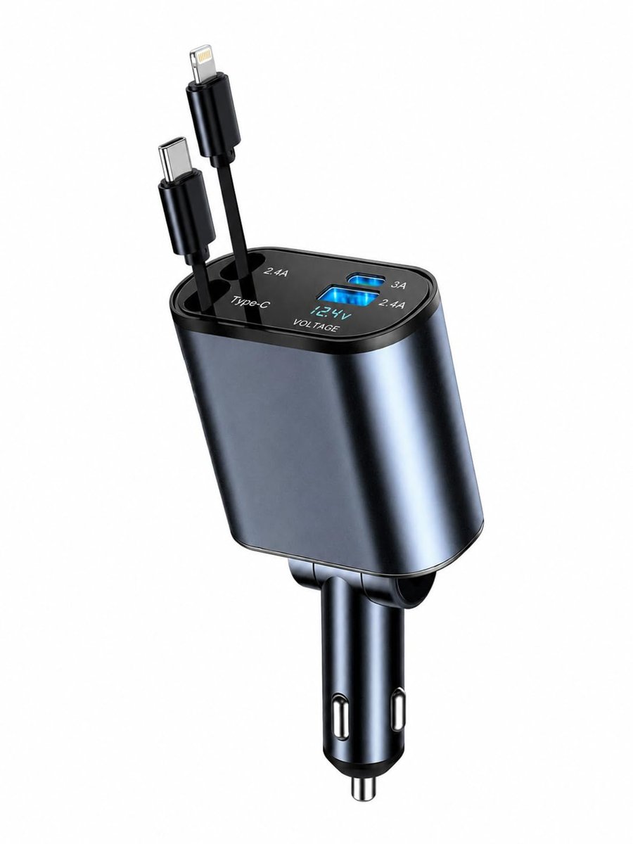 66W Dahili Çekilebilir Kablolu Type-c + Lightning Hızlı Araç Çakmaklık Şarj Aleti