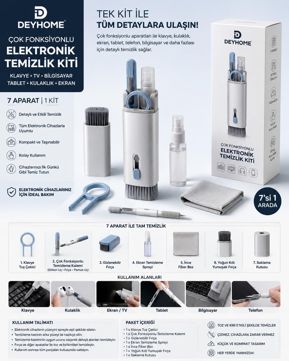 7'si 1 Arada Elektronik Temizleyici Kiti, Fırçalı Klavye Temizleyici Kiti, Airpods Pro için 3'ü 1 Arada Temizleme Kalemi, Kulaklık, Klavye, Dizüstü Bilgisayar, Telefon, PC Monitörü için