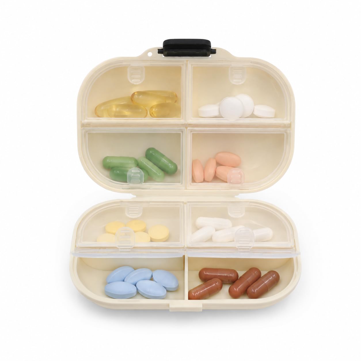 Orret Home 8 Bölmeli Kilitli Taşınabilir İlaç Kutusu, Plastik Seyahat Hap Kutusu, Günlük Vitamin Takviye Tablet Organizeri, Çanta Cep İçin Kompakt Bölmeli İlaç Saklama Kutusu 10x14 cm