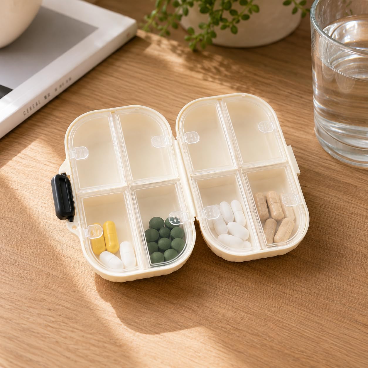 Orret Home 8 Bölmeli Kilitli Taşınabilir İlaç Kutusu, Plastik Seyahat Hap Kutusu, Günlük Vitamin Takviye Tablet Organizeri, Çanta Cep İçin Kompakt Bölmeli İlaç Saklama Kutusu 10x14 cm