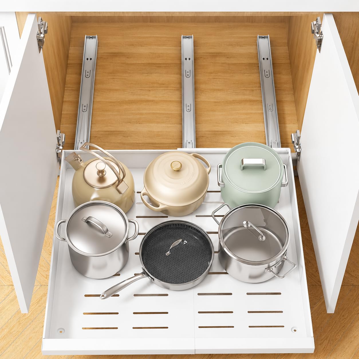 Orret Home Teleskopik Dolap İçi Düzenleyici, Büyüyüp Küçülebilir Raylı Dolap Organizeri, Ayarlanabilir Sürgülü Mutfak Rafı, Tencere Tava Lavabo Altı Kiler Organizer, Yapıştırılabilir 32-64 cm Beyaz
