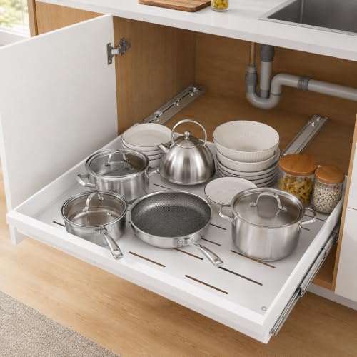 Orret Home Teleskopik Dolap İçi Düzenleyici, Büyüyüp Küçülebilir Raylı Dolap Organizeri, Ayarlanabilir Sürgülü Mutfak Rafı, Tencere Tava Lavabo Altı Kiler Organizer, Yapıştırılabilir 32-64 cm Beyaz