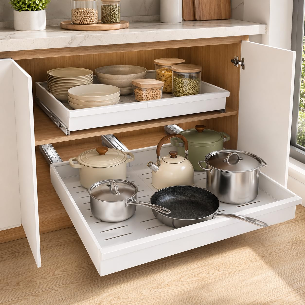 Orret Home Teleskopik Dolap İçi Düzenleyici, Büyüyüp Küçülebilir Raylı Dolap Organizeri, Ayarlanabilir Sürgülü Mutfak Rafı, Tencere Tava Lavabo Altı Kiler Organizer, Yapıştırılabilir 32-64 cm Beyaz