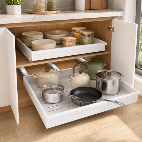 Orret Home Teleskopik Dolap İçi Düzenleyici, Büyüyüp Küçülebilir Raylı Dolap Organizeri, Ayarlanabilir Sürgülü Mutfak Rafı, Tencere Tava Lavabo Altı Kiler Organizer, Yapıştırılabilir 32-64 cm Beyaz