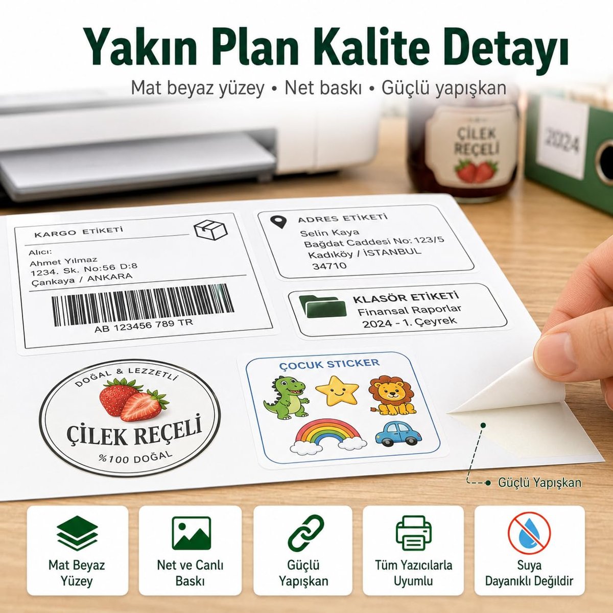 Inkjet Ve Laser Uyumlu Sticker Güçlü Yapışkanlı A4 Etiket Kağıdı MAT YÜZEYLİ 120gsm (100 yaprak)