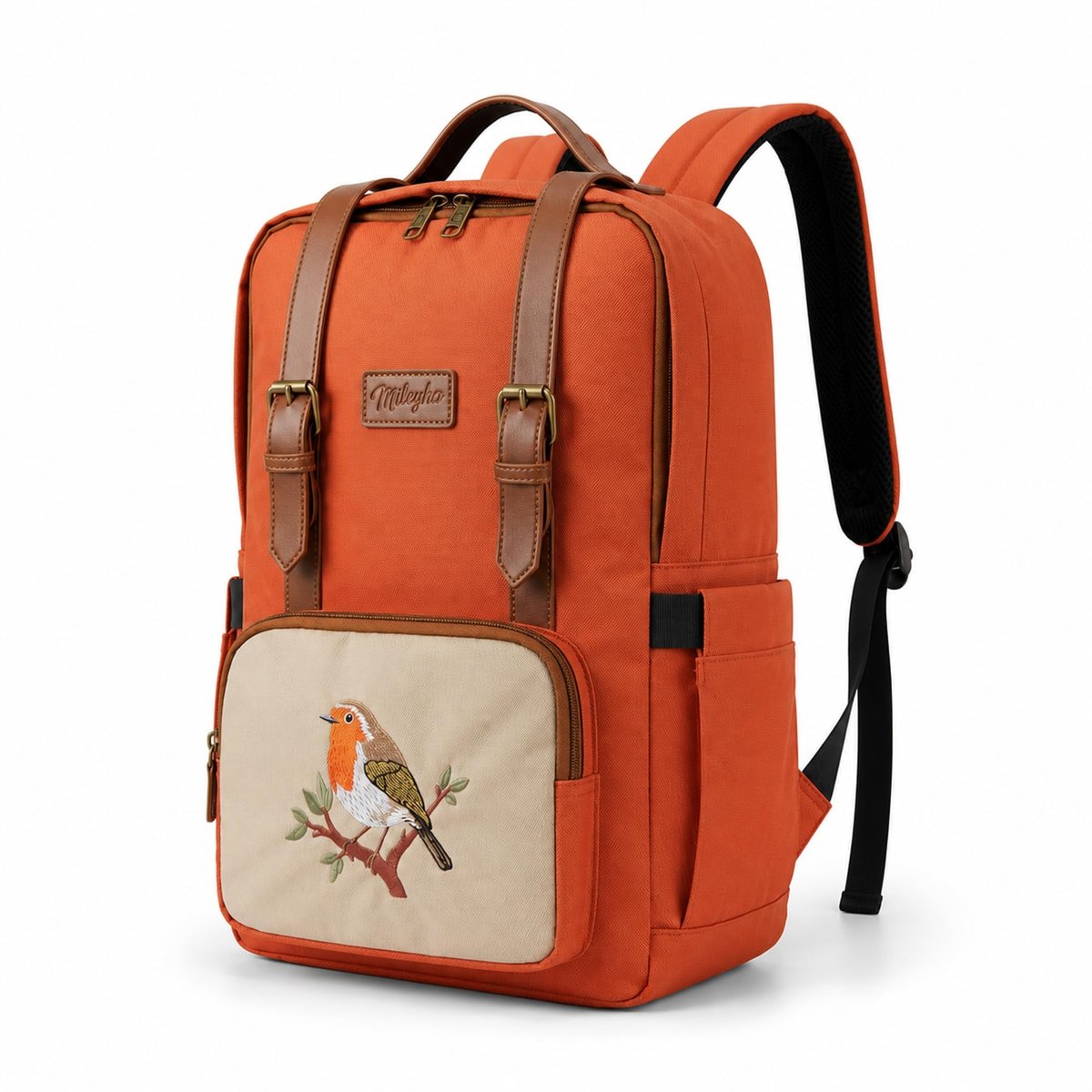 Nakışlı Sırt Çantası, 15L, Laptop Bölmeli, Suni Deri Detaylı, Kuş Desenli, Unisex