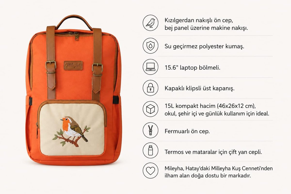 Nakışlı Sırt Çantası, 15L, Laptop Bölmeli, Suni Deri Detaylı, Kuş Desenli, Unisex