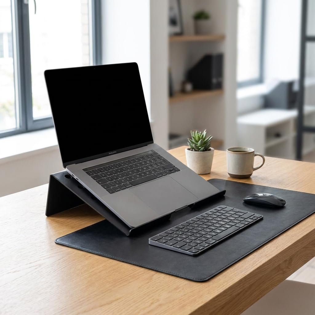 Deconox Metal Laptop Standı, Siyah Dizüstü Bilgisayar Yükseltici Stand, 38x26 cm Havalandırma Delikli Ergonomik Açılı Notebook Standı, Özel Boyalı Masaüstü Laptop Yükseltici