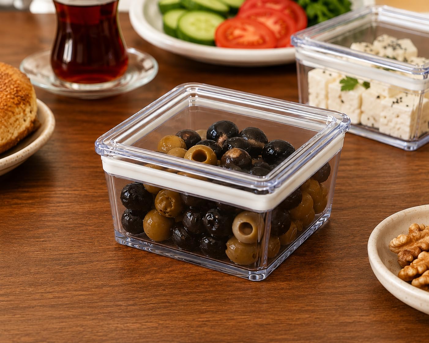 Orret Home 6’lı Kare Contalı Kahvaltılık Seti, Şeffaf Mika Erzak Saklama Kabı, Kapaklı Mini Gıda Kabı, Peynir Zeytin Reçel Kuruyemiş Baharat Kabı, 9 x 9 x 5,5 cm