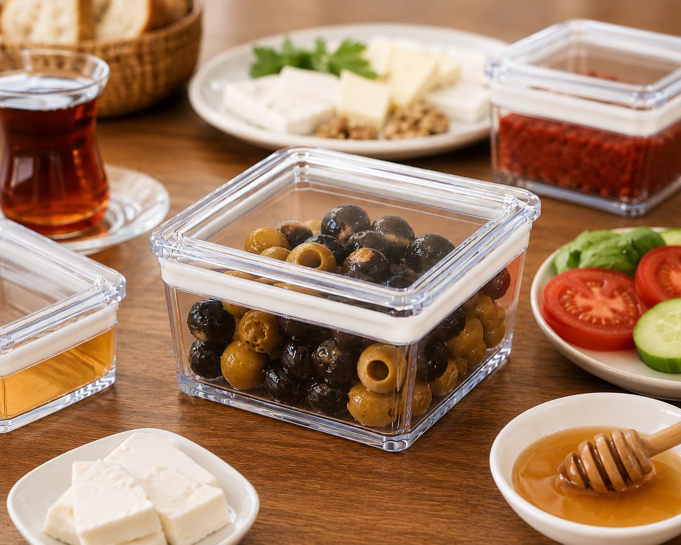 Orret Home 6’lı Kare Contalı Kahvaltılık Seti, Şeffaf Mika Erzak Saklama Kabı, Kapaklı Mini Gıda Kabı, Peynir Zeytin Reçel Kuruyemiş Baharat Kabı, 9 x 9 x 5,5 cm