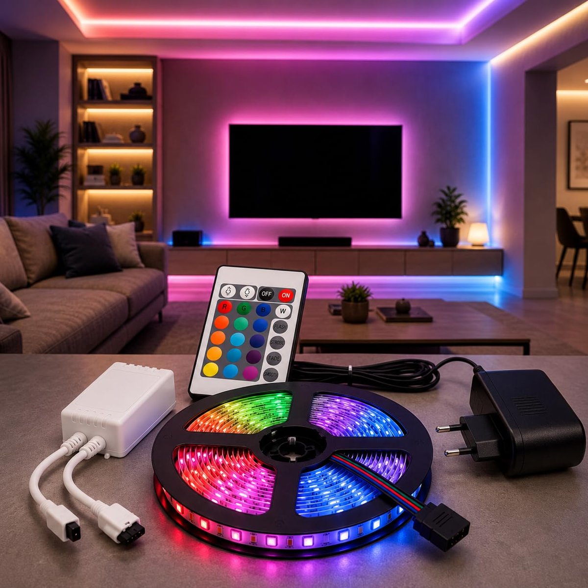 ATC 5 Metre RGB LED Şerit Işık Seti Uzaktan Kumandalı IP65 Su Geçirmez 12V Adaptörlü 16 Renk 4 Mod Dim Edilebilir Kendinden Yapışkanlı TV Oda Tavan Dekorasyon Aydınlatma