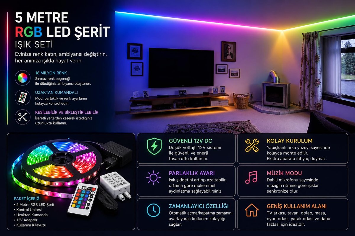 ATC 5 Metre RGB LED Şerit Işık Seti Uzaktan Kumandalı IP65 Su Geçirmez 12V Adaptörlü 16 Renk 4 Mod Dim Edilebilir Kendinden Yapışkanlı TV Oda Tavan Dekorasyon Aydınlatma