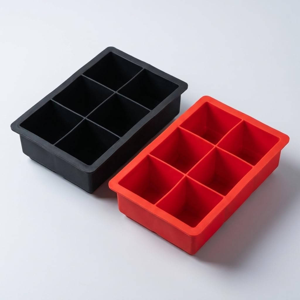 Deconox 2 Adet 6 Gözlü Dev Boy Silikon Buz Kalıbı, Siyah ve Kırmızı Kare Küp Buzluk, 16x12 cm Büyük Buz Küpü Kalıbı 2’li Set, Soğuk İçecek Kokteyl Limonata Kahve Sunumları İçin Esnek Buz Kalıbı