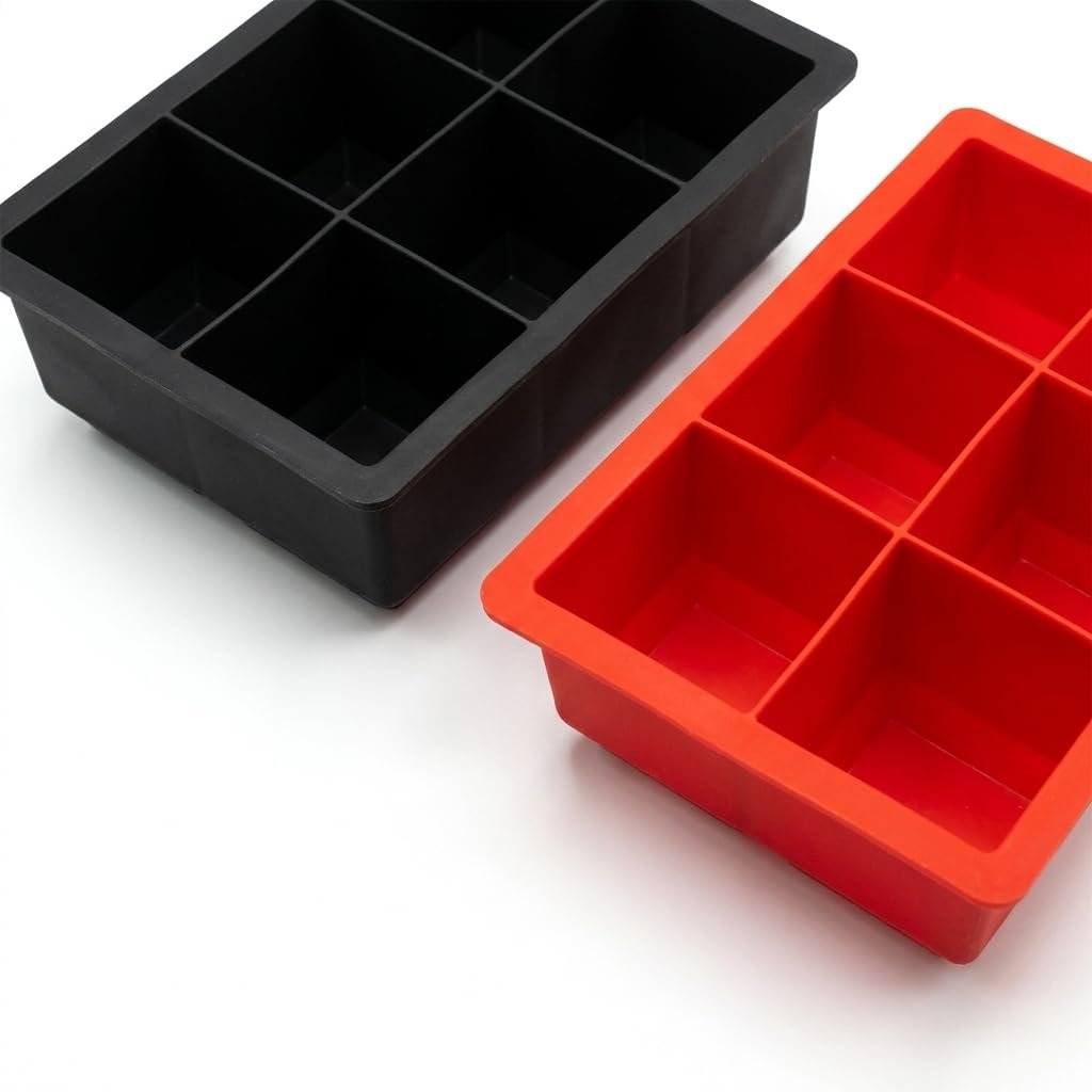 Deconox 2 Adet 6 Gözlü Dev Boy Silikon Buz Kalıbı, Siyah ve Kırmızı Kare Küp Buzluk, 16x12 cm Büyük Buz Küpü Kalıbı 2’li Set, Soğuk İçecek Kokteyl Limonata Kahve Sunumları İçin Esnek Buz Kalıbı