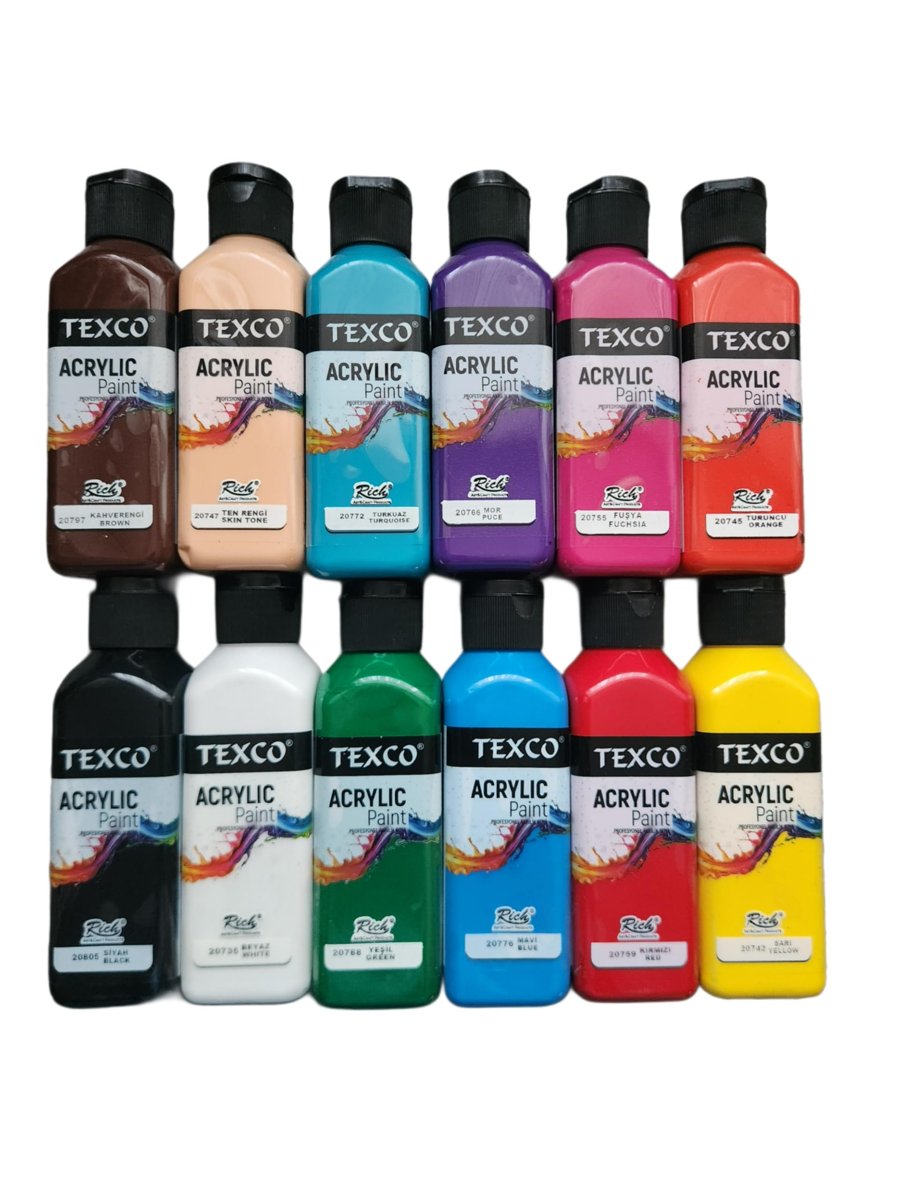 Rich Texco Akrilik Boya Seti, 12 Renk x 130 ml, Su Bazlı