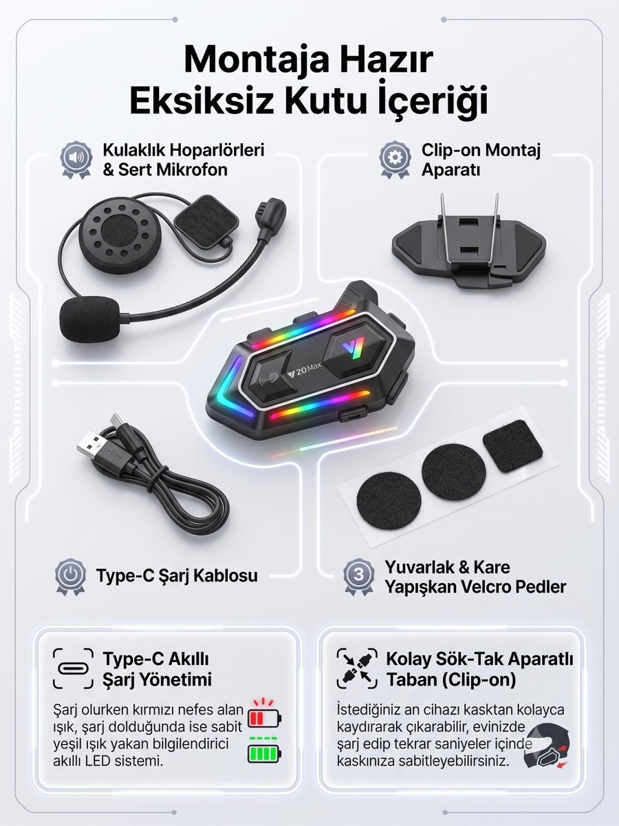 Y20 Max Motosiklet Kask Intercom Seti, IPX6 Su Geçirmez Kask İçi Bluetooth Kulaklık, Akıllı Gürültü Azaltıcı Çift Çekirdek İşlemci, RGB Işıklı & Sert Mikrofonlu, Siyah