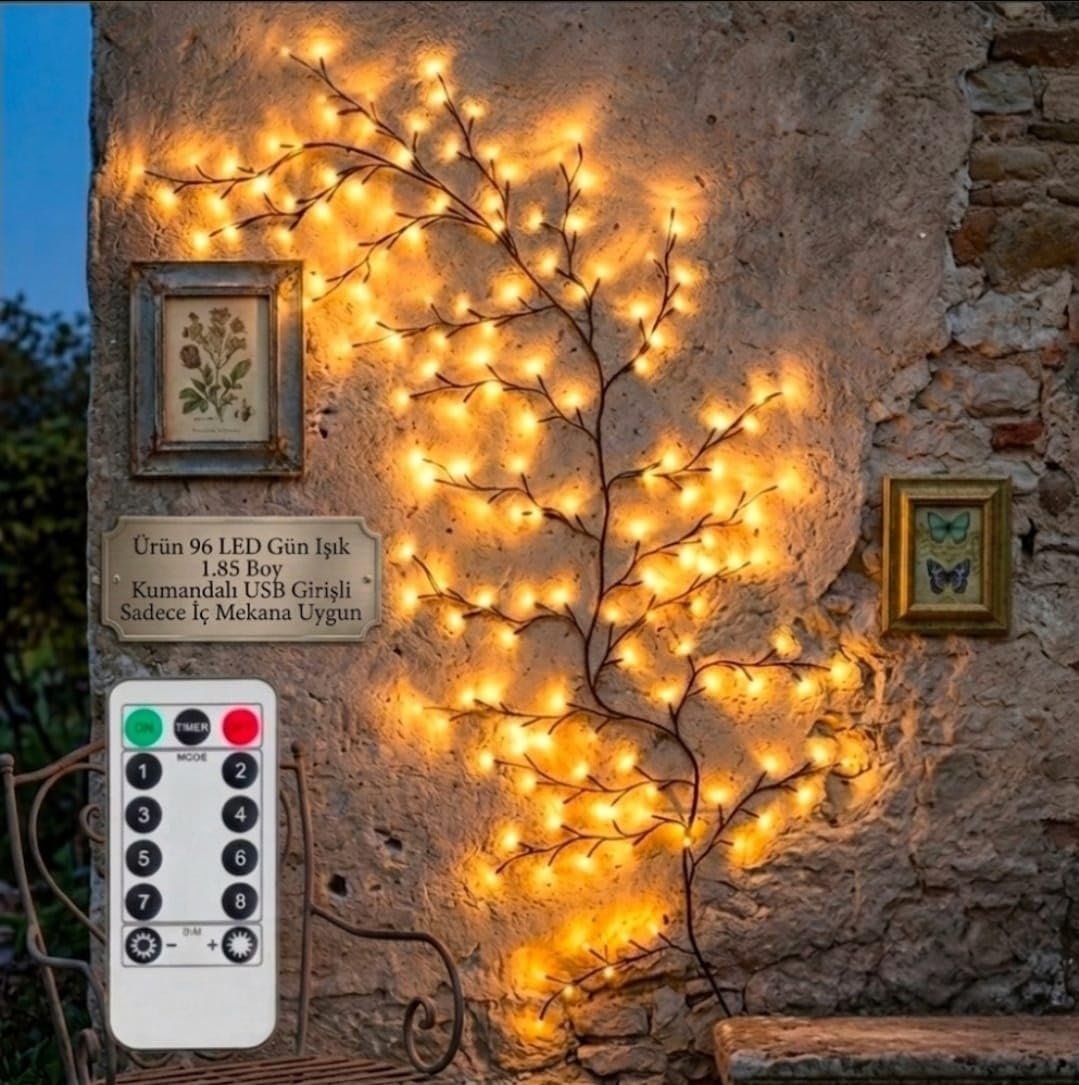 MR 96 LED Ağaç Dalı Dekoratif LED Işık – 1.85 Metre USB Girişli Kumandalı İç Mekan Aydınlatma Renkli/Gün Işığı Seçenekli (Gün Işığı)