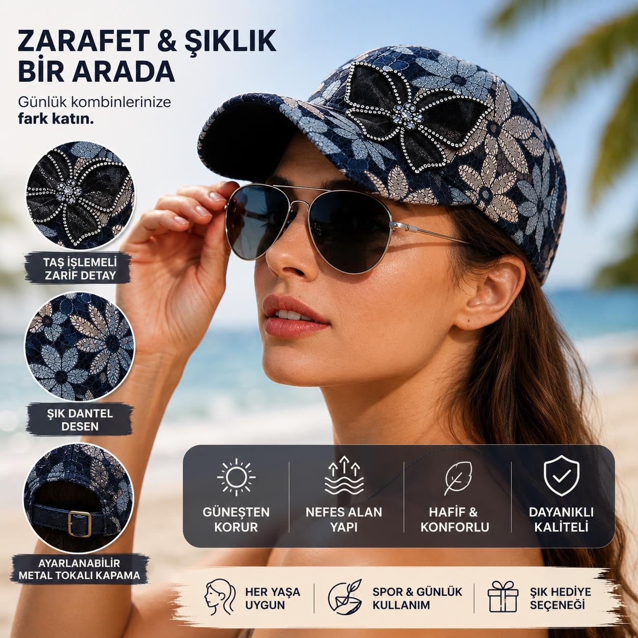 Valkyrie Kadın Lacivert Dantel Desenli Kelebek Taşlı Çiçek Aplikeli Şapka Ayarlanabilir Şapka