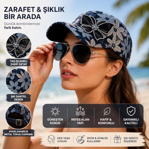 Valkyrie Kadın Lacivert Dantel Desenli Kelebek Taşlı Çiçek Aplikeli Şapka Ayarlanabilir Şapka