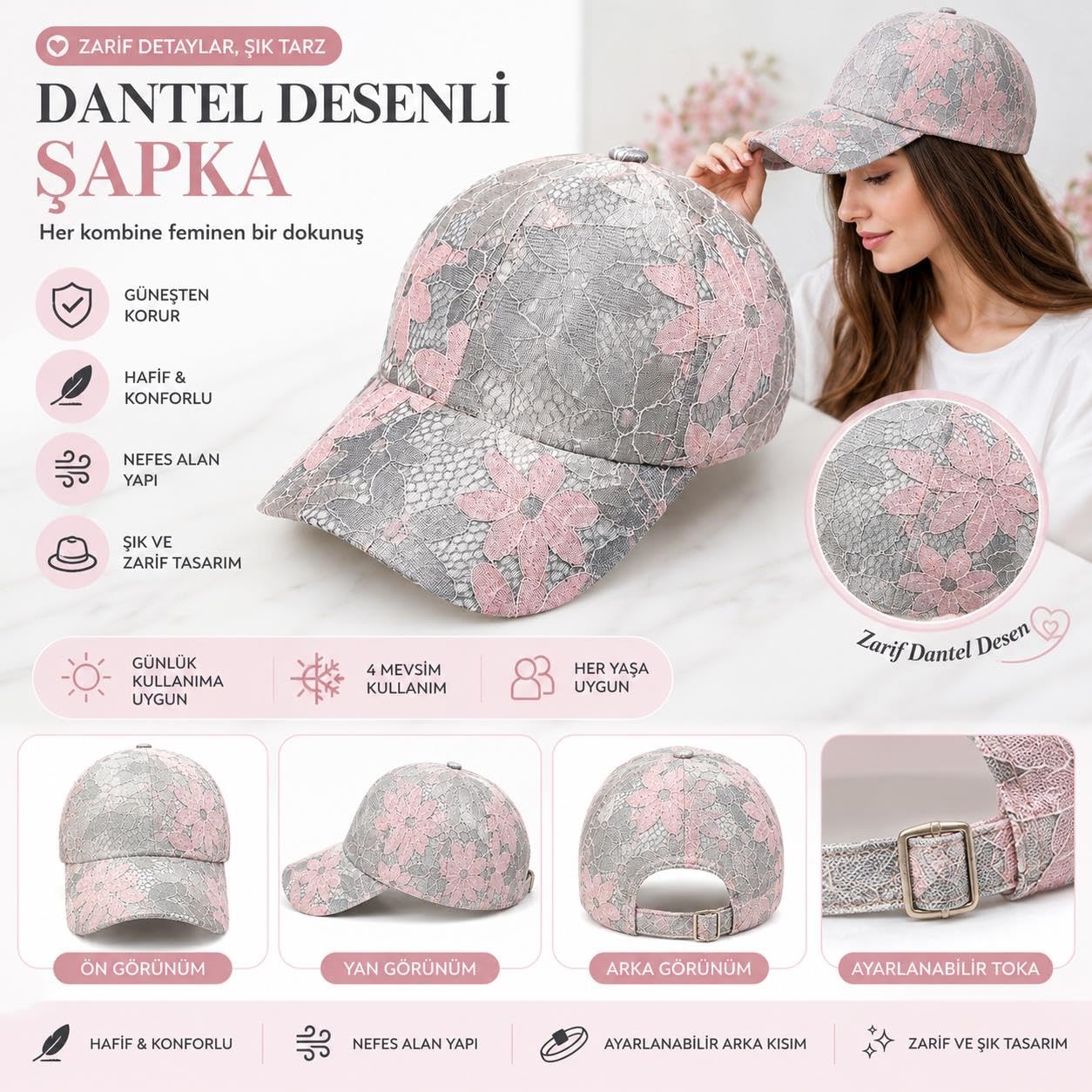 Valkyrie Kadın Dantel Desenli Şapka Çiçek Desenli Baseball Cap Ayarlanabilir Güneş Koruyucu Şapka