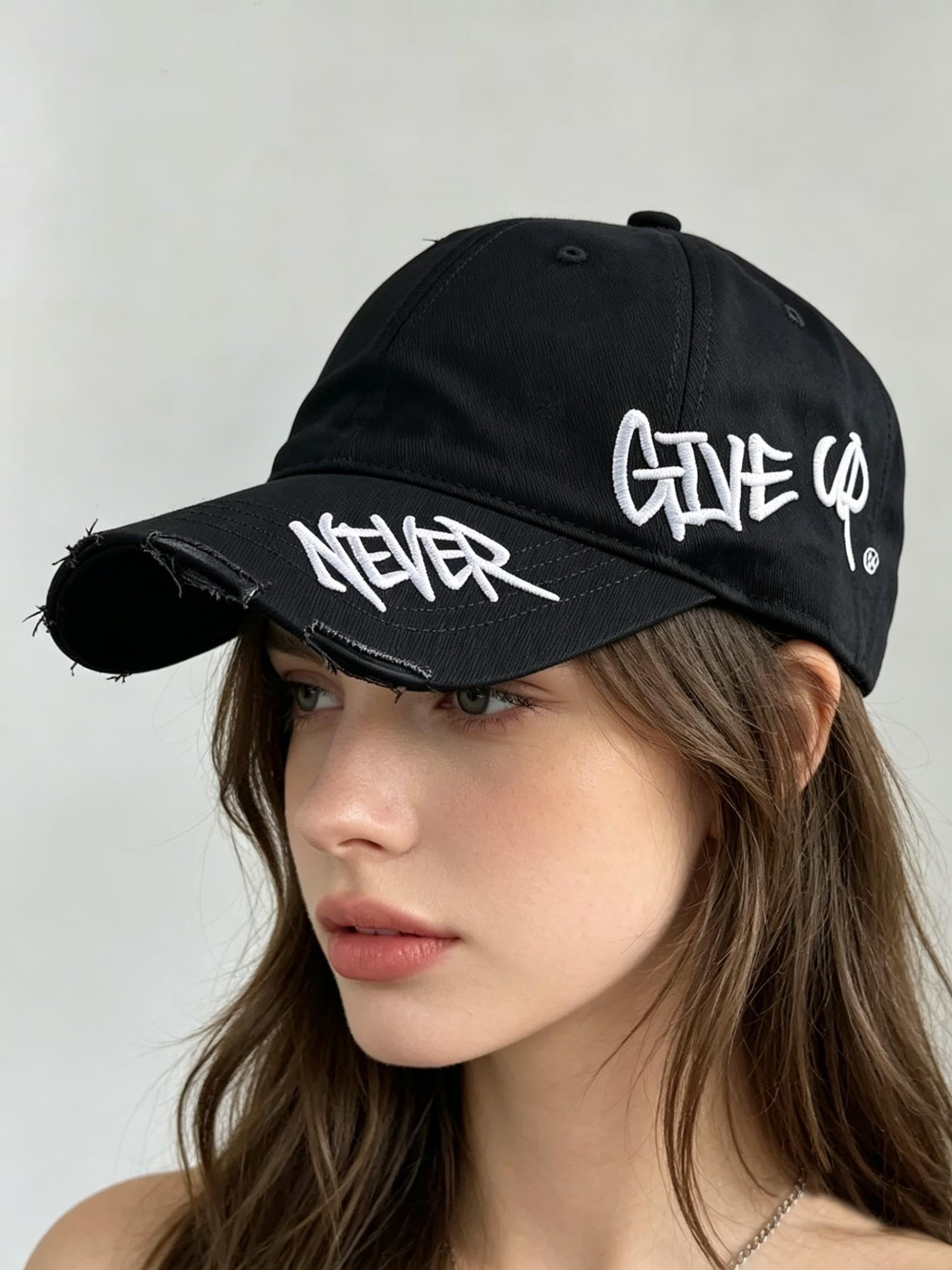 Valkyrie Unisex Siyah Never Give Up Nakışlı Baseball Şapka Ayarlanabilir Vintage Streetwear Spor Kep