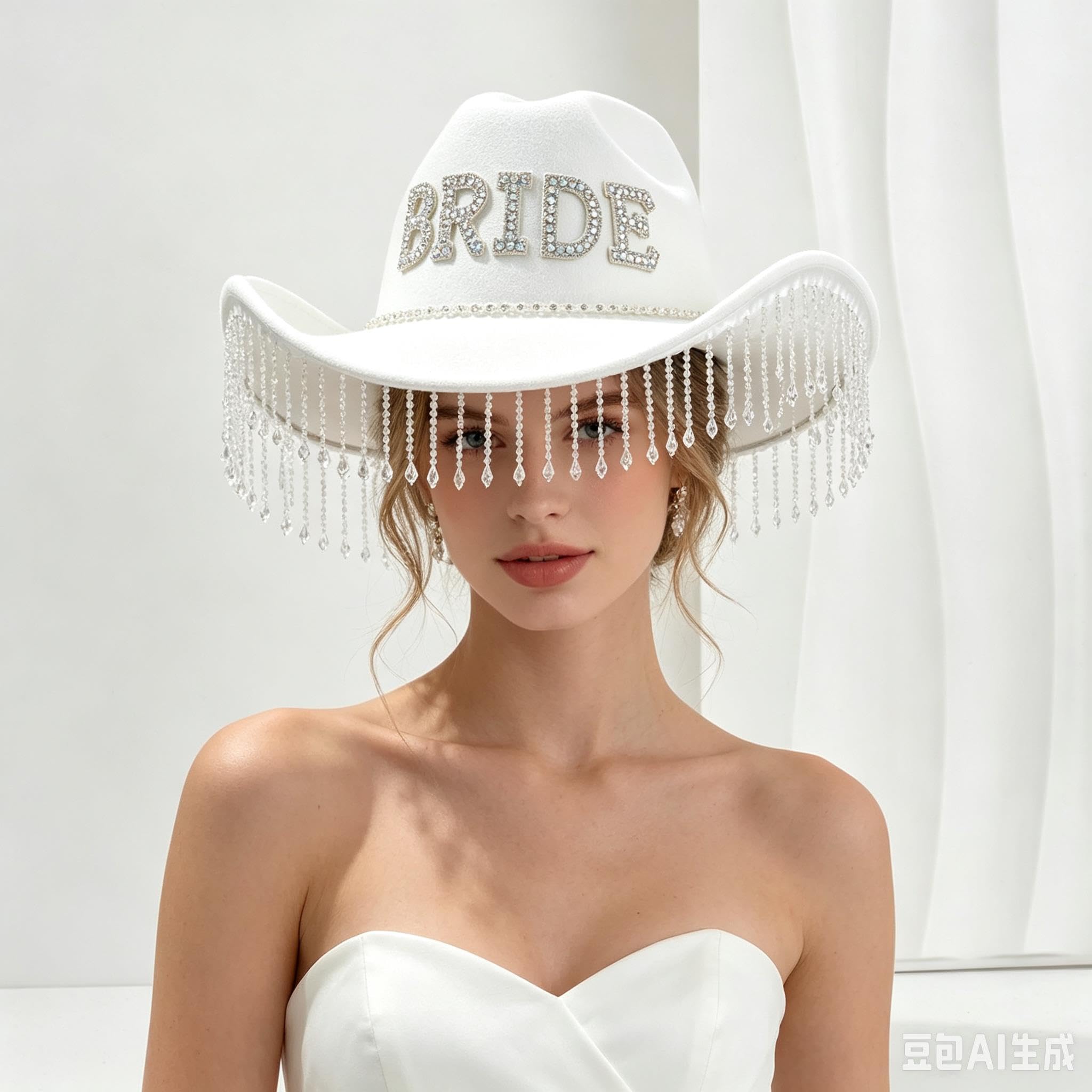 Valkyrie Bride Yazılı Taşlı Beyaz Kovboy Şapkası – Kristal Püsküllü Bekarlığa Veda, Düğün ve Party Aksesuarı