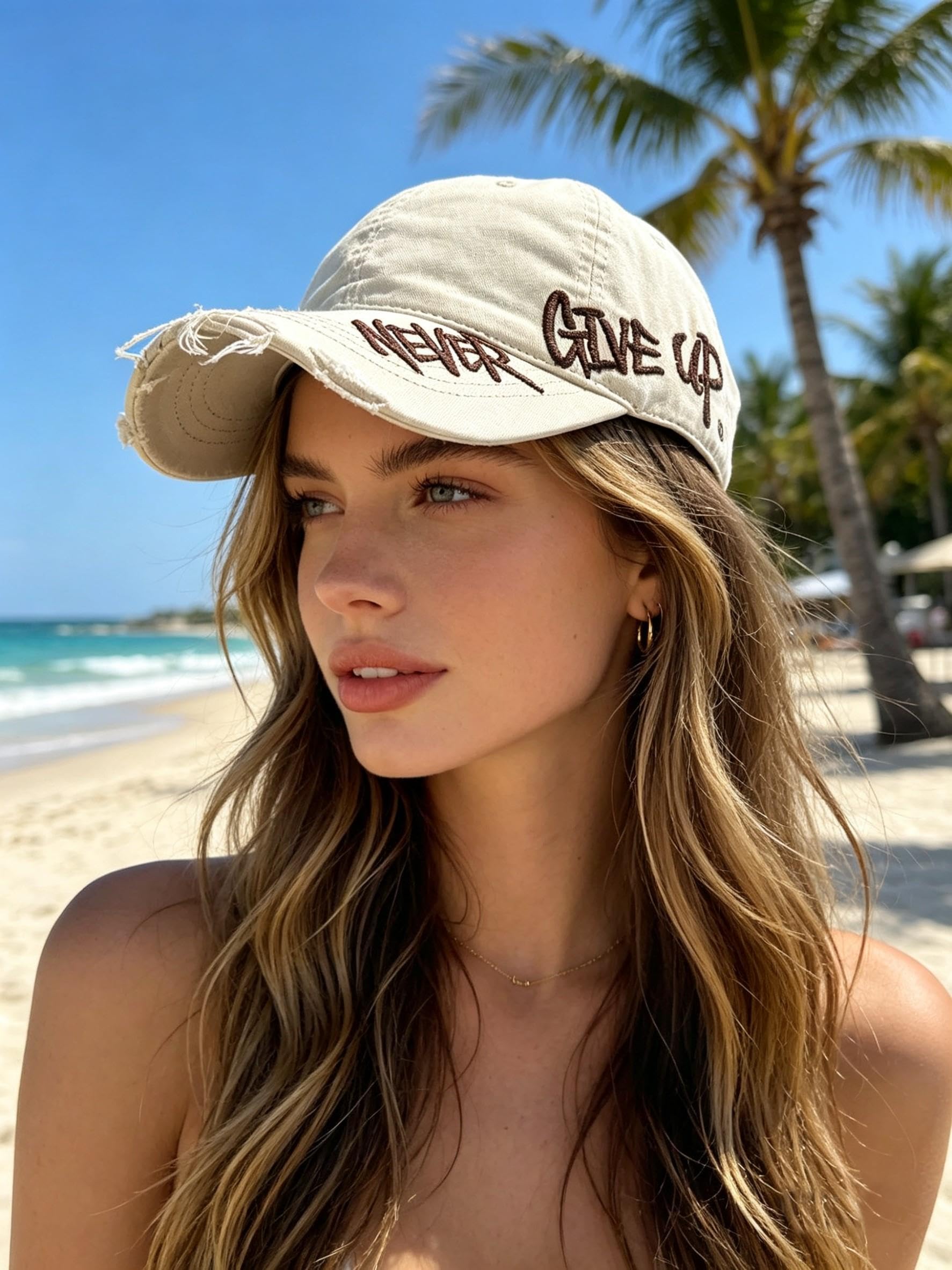 Valkyrie Unisex Krem Never Give Up Nakışlı Baseball Şapka Ayarlanabilir Vintage Streetwear Spor Kep