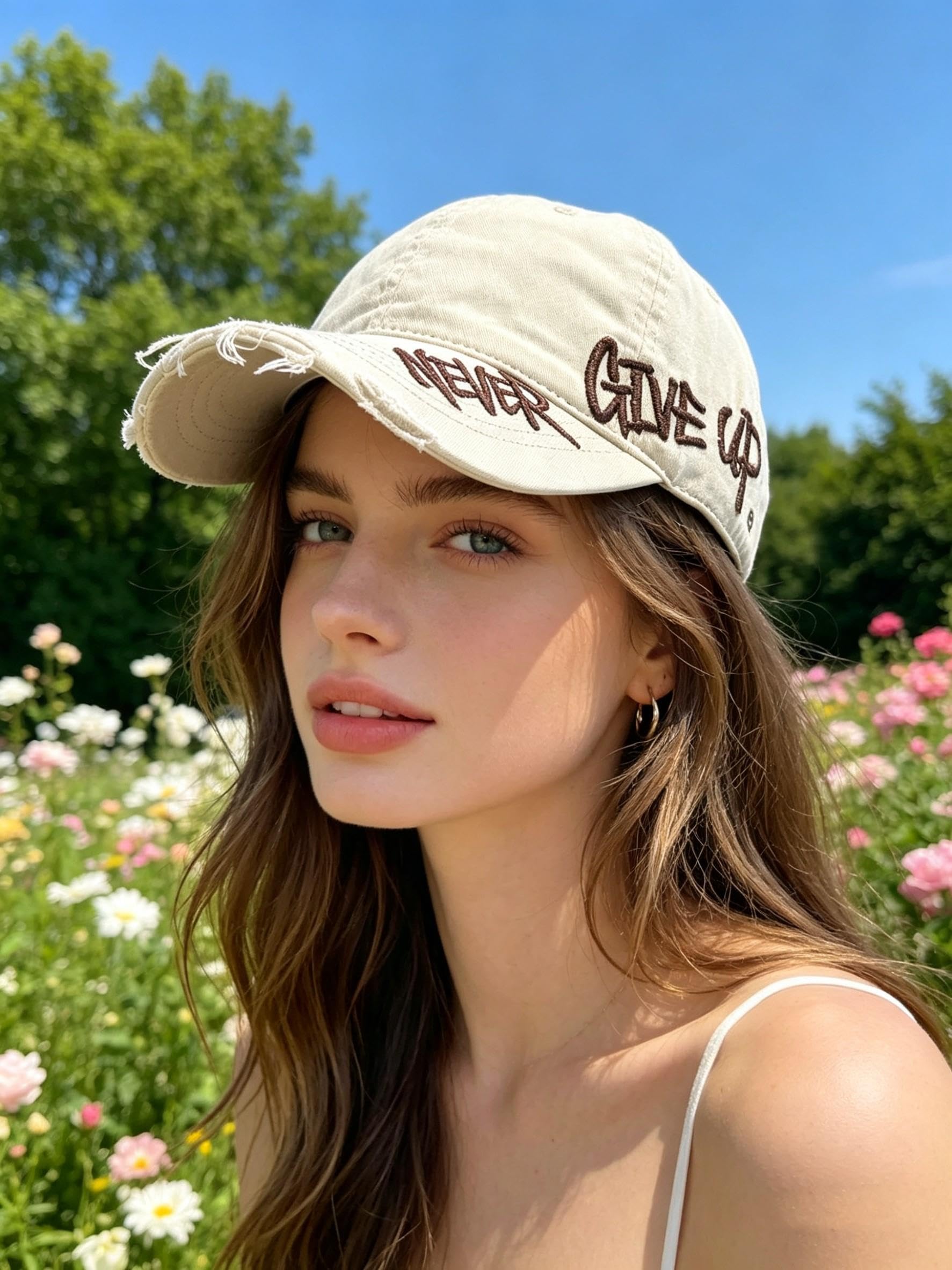 Valkyrie Unisex Krem Never Give Up Nakışlı Baseball Şapka Ayarlanabilir Vintage Streetwear Spor Kep