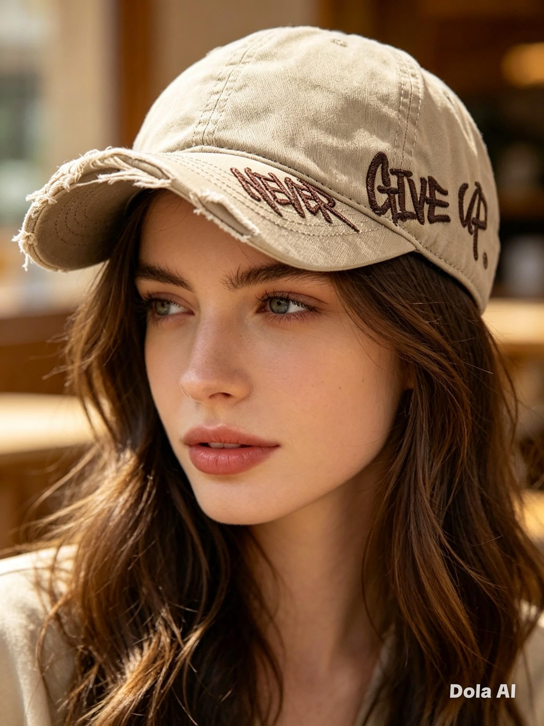 Valkyrie Unisex Bej Yırtık Siperlikli Nakışlı Baseball Şapka Ayarlanabilir Vintage Streetwear Spor Kep