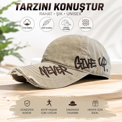 Valkyrie Unisex Bej Yırtık Siperlikli Nakışlı Baseball Şapka Ayarlanabilir Vintage Streetwear Spor Kep